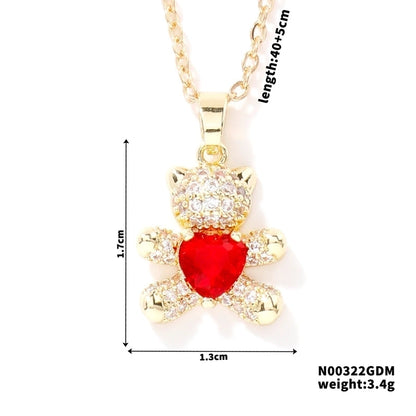 304 Stainless Steel Copper Rhodium Plated Inlay Bear Heart Shape Glass Zircon Pendant Necklace