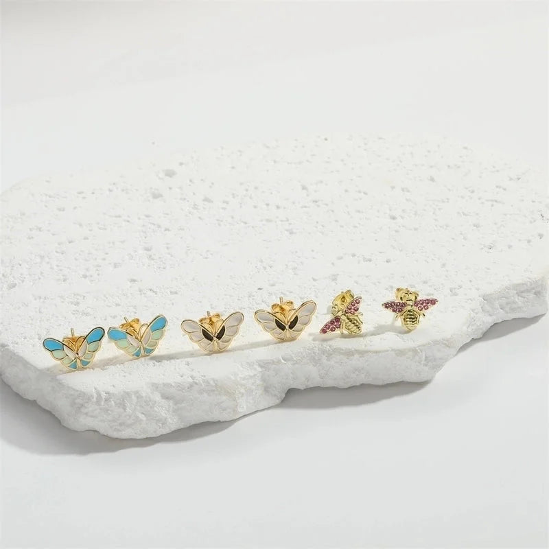 1 Pair Elegant Minimalist Commute Dragonfly Butterfly Enamel Inlay Copper Zircon 14K Gold Plated Ear Studs