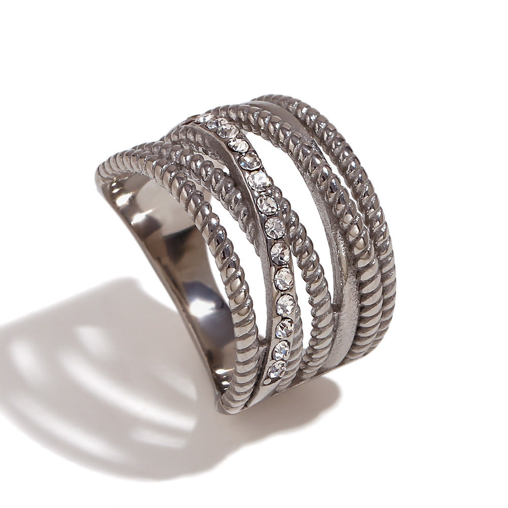 Fashion Niche Stripe Round Circle Geometric Stainless Steel 18K Gold Plated Rings