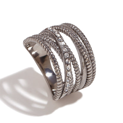 Fashion Niche Stripe Round Circle Geometric Stainless Steel 18K Gold Plated Rings