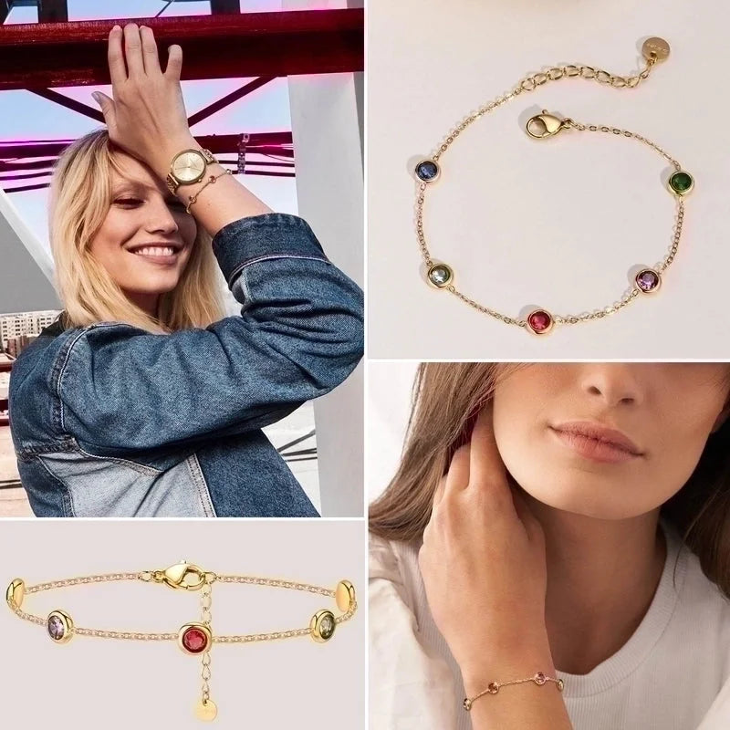 Minimalist Round 304 Stainless Steel 18K Gold Plated Rhinestones Bracelets In Bulk