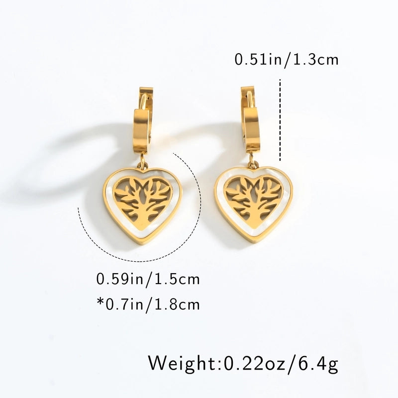 1 Pair Minimalist Heart Shape Life Tree Plating Inlay Titanium Steel Shell 18K Gold Plated Drop Earrings