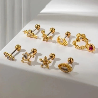 1 Piece Ear Cartilage Rings & Studs Sweet Heart Shape Flower 316L Stainless Steel Copper Plating Inlay Zircon Ear Cartilage Rings & Studs