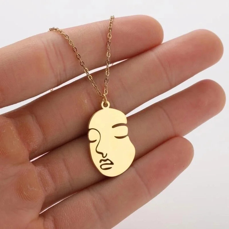 Titanium Steel Fashion Plating Hollow Out Human Face Letter Moon Pendant Necklace