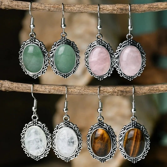 1 Pair Vintage Style Ethnic Style Oval Hollow Out Alloy Natural Stone Crystal Drop Earrings