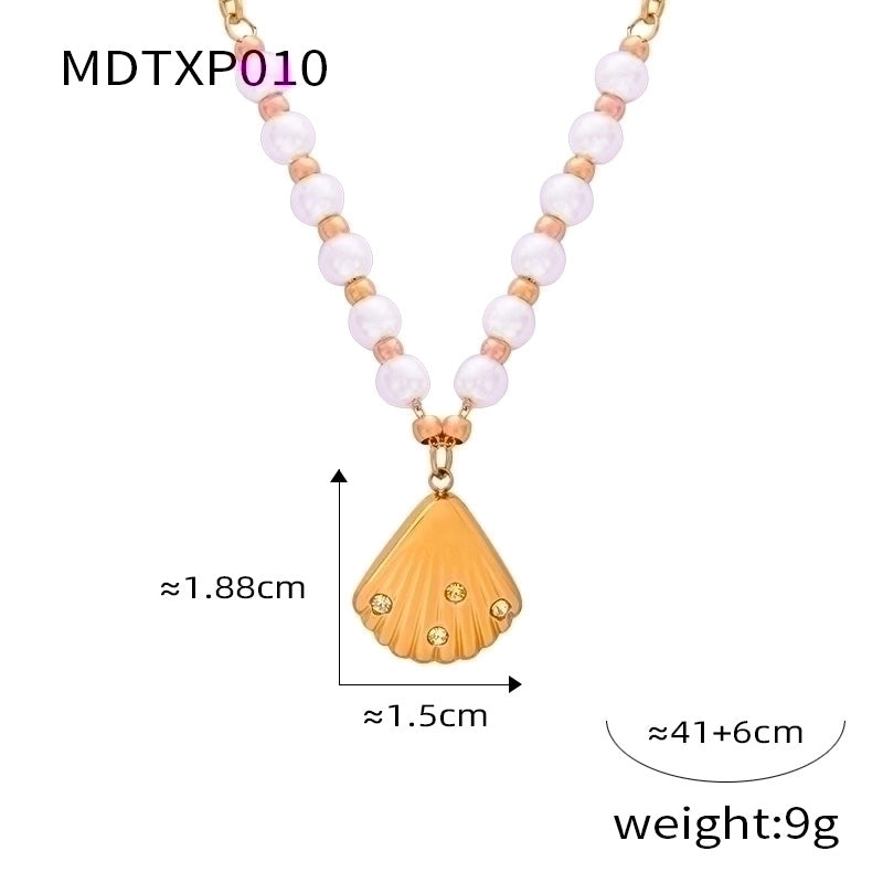 Casual Minimalist Commute Shell Freshwater Pearl Titanium Steel Rhinestones 18K Gold Plated Inlay Earrings Necklace