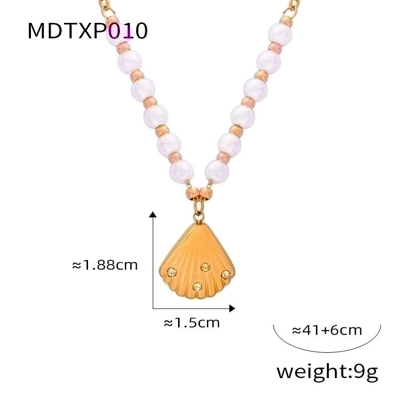 Casual Minimalist Commute Shell Freshwater Pearl Titanium Steel Rhinestones 18K Gold Plated Inlay Earrings Necklace
