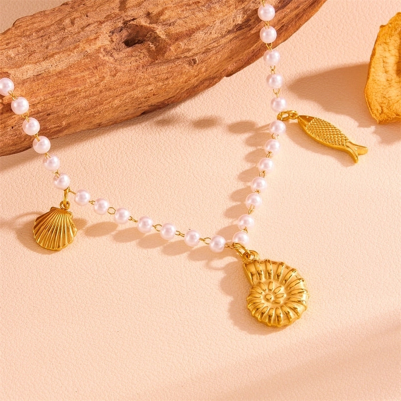 Cute Sweet Star Bow Knot Shell Titanium Steel Pearl 18K Gold Plated Hollow Out Inlay Pendant Necklace