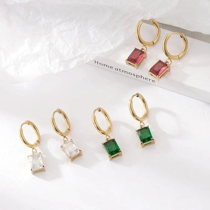 1 Pair Retro Round Square Inlay 304 Stainless Steel Zircon Gold Plated Drop Earrings