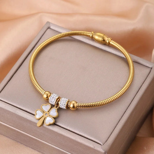 Streetwear Four Leaf Clover Heart Shape Titanium Steel Bangle In Bulk
