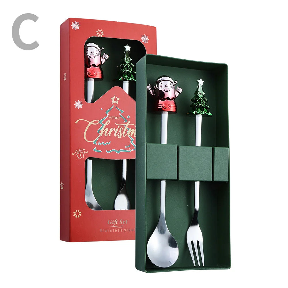 J Christmas Spoon Set Cartoon Colorful Santa Claus Christmas Tree Spoon Fork Coffee Dessert Spoon Gift Box