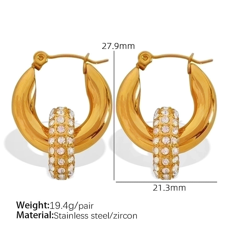 1 Pair Vintage Style C Shape Circle Inlay 304 Stainless Steel Titanium Steel Zircon 18K Gold Plated Earrings Ear Studs