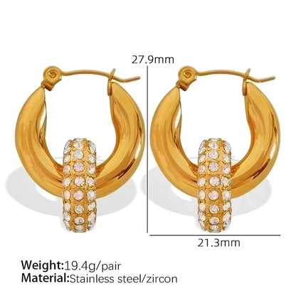 1 Pair Vintage Style C Shape Circle Inlay 304 Stainless Steel Titanium Steel Zircon 18K Gold Plated Earrings Ear Studs