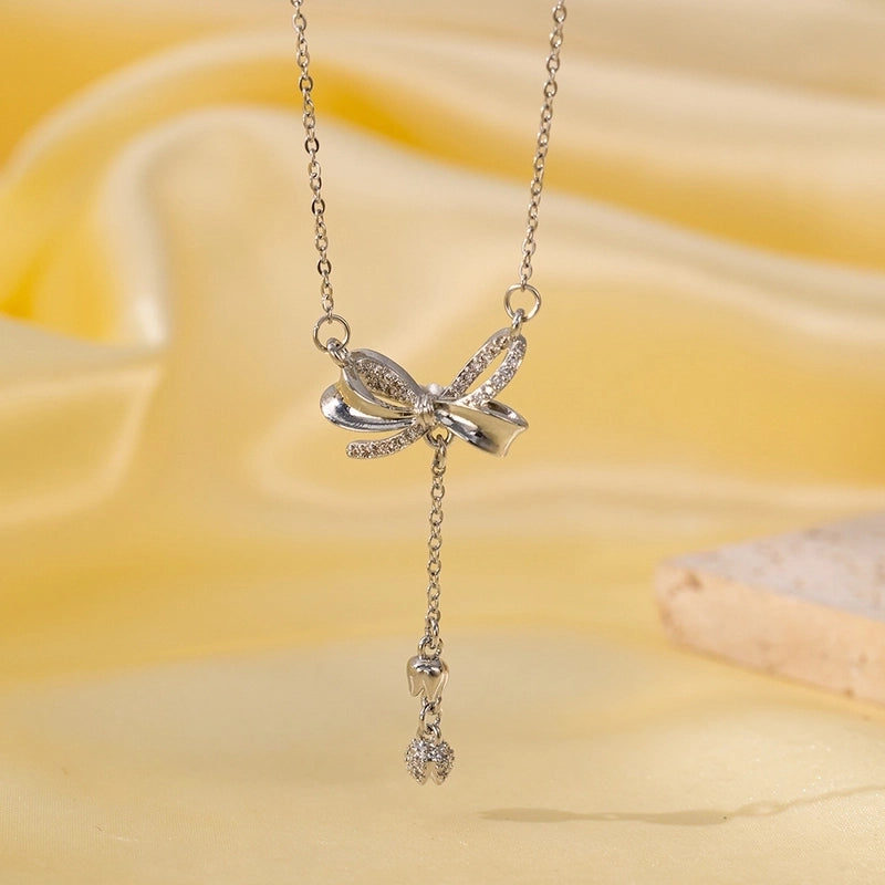 Titanium Steel Copper Plating Heart Shape Flower Bow Knot Pendant Necklace