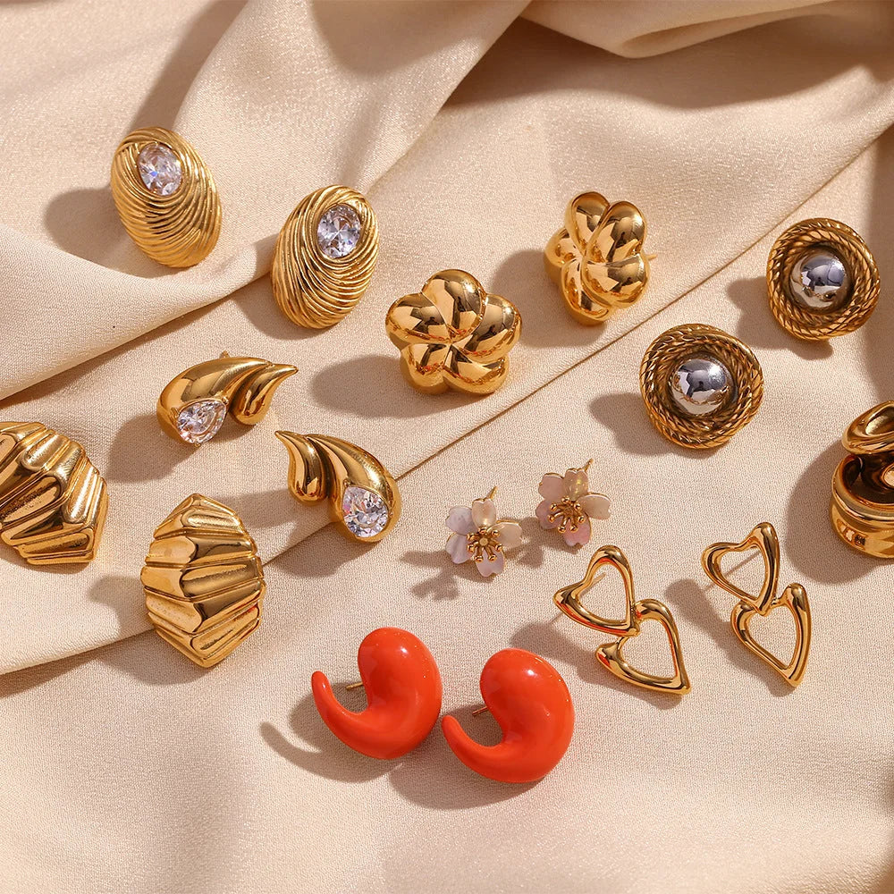 Fashion Petal Geometric Flower Stainless Steel 18K Gold Plated Earrings