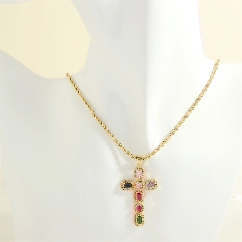 Minimalist Cross Heart Shape Copper 18k Gold Plated Zircon Pendant Necklace In Bulk