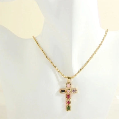 Minimalist Cross Heart Shape Copper 18k Gold Plated Zircon Pendant Necklace In Bulk