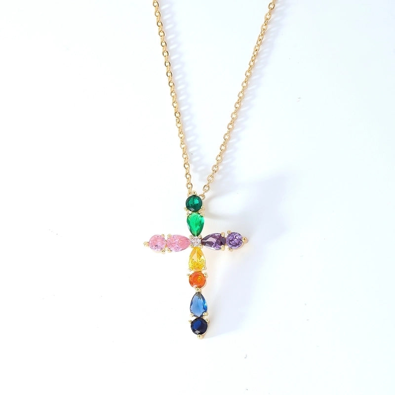 Hip-Hop Retro Cross 304 Stainless Steel Copper Plating Inlay K Gold Plated Zircon Pendant Necklace