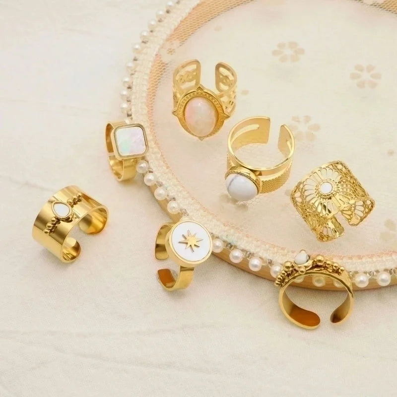 Fashion Geometric 304 Stainless Steel Natural Stone Shell 14K Gold Plated Plating Open Ring
