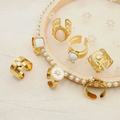Fashion Geometric 304 Stainless Steel Natural Stone Shell 14K Gold Plated Plating Open Ring