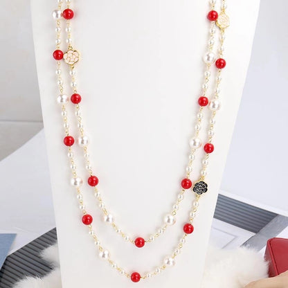 Sweet Minimalist Flower Imitation Pearl Alloy Beaded Enamel Women's Long Necklace