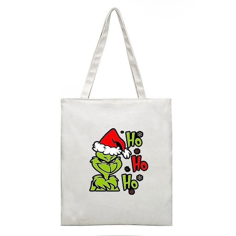 Christmas Peripheral Festival Handbag Canvas Bag Grinch Christmas Monster Green Fur Monster Printed Canvas Book Bag