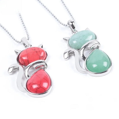 Cute Cat Natural Stone Copper Pendant Necklace In Bulk