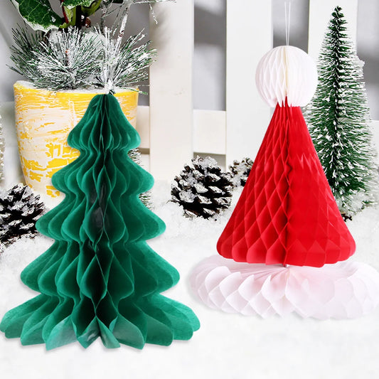 2 Pieces Christmas Honeycomb Paper Christmas Tree Christmas Hat Party Decoration Supplies Christmas Hanging Ornaments