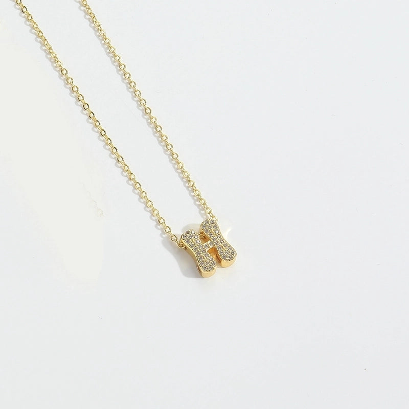 Copper 14K Gold Plated Vintage Style Minimalist Commute Inlay Letter Zircon Pendant Necklace
