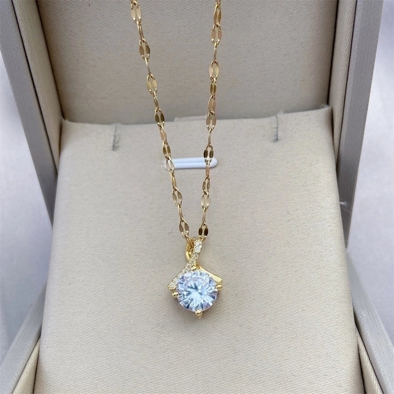 Minimalist Bow Knot Titanium Steel Copper Inlay Rhinestones Pendant Necklace