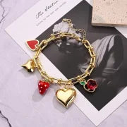 IG Style Cherry Heart Shape Strawberry Copper Zircon 18K Gold Plated Polishing Enamel Plating Bracelets Necklace Jewelry Set
