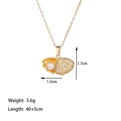 304 Stainless Steel 18K Gold Plated Casual Minimalist Polishing Plating Inlay Conch Shell Artificial Rhinestones Plastic Pendant Necklace
