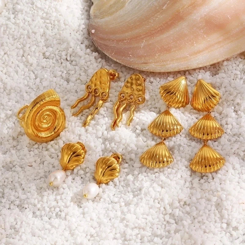 Casual Beach Starfish Shell 304 Stainless Steel Artificial Pearls Zircon 18K Gold Plated Polishing Inlay Rings Earrings