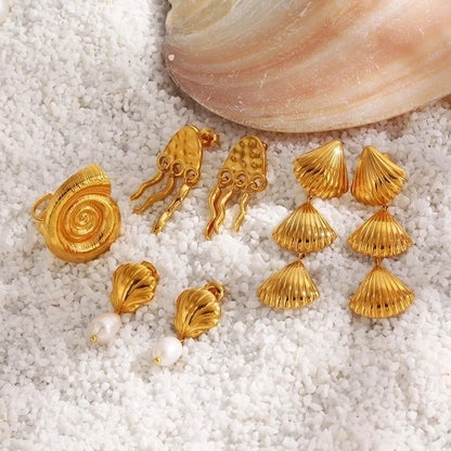 Casual Beach Starfish Shell 304 Stainless Steel Artificial Pearls Zircon 18K Gold Plated Polishing Inlay Rings Earrings