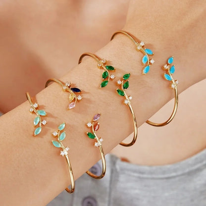 Copper K Gold Plated Shiny Metallic Inlay Geometric Leaf Zircon Bangle