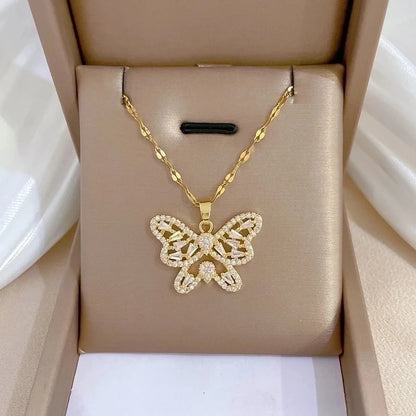 Minimalist Butterfly Titanium Steel Copper Plating Inlay Zircon Pendant Necklace