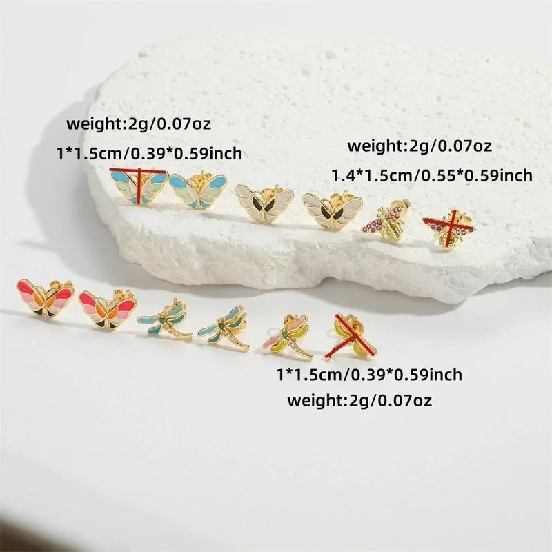 1 Pair Elegant Minimalist Commute Dragonfly Butterfly Enamel Inlay Copper Zircon 14K Gold Plated Ear Studs