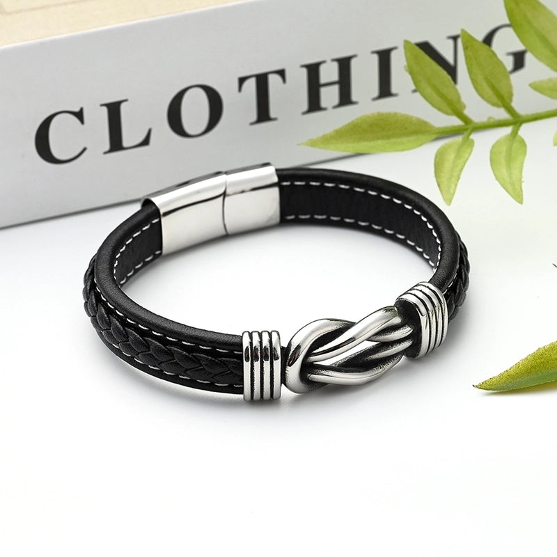 Casual Modern Style Minimalist Totem Solid Color Skull 304 Stainless Steel Genuine Cowhide Handmade Polishing Gold Plated Halloween Men's Wristband