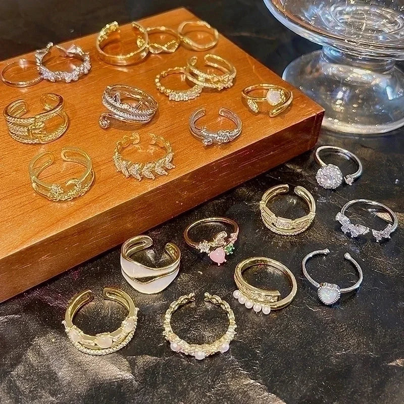 Minimalist Heart Shape Flower Bow Knot Copper Inlay Artificial Pearls Opal Zircon Rings