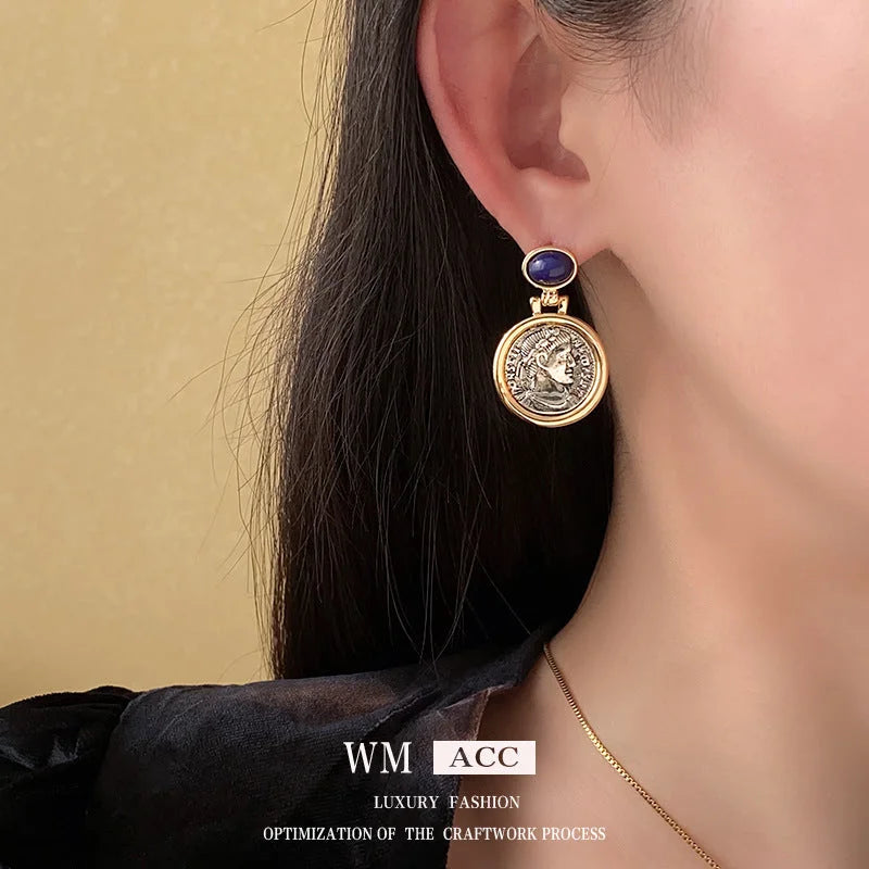 French Round Geometric Alloy Earrings