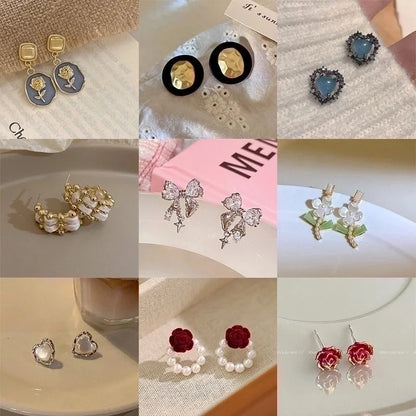 1 Pair Retro Heart Shape Bow Knot Inlay Silver Artificial Pearls Zircon Earrings