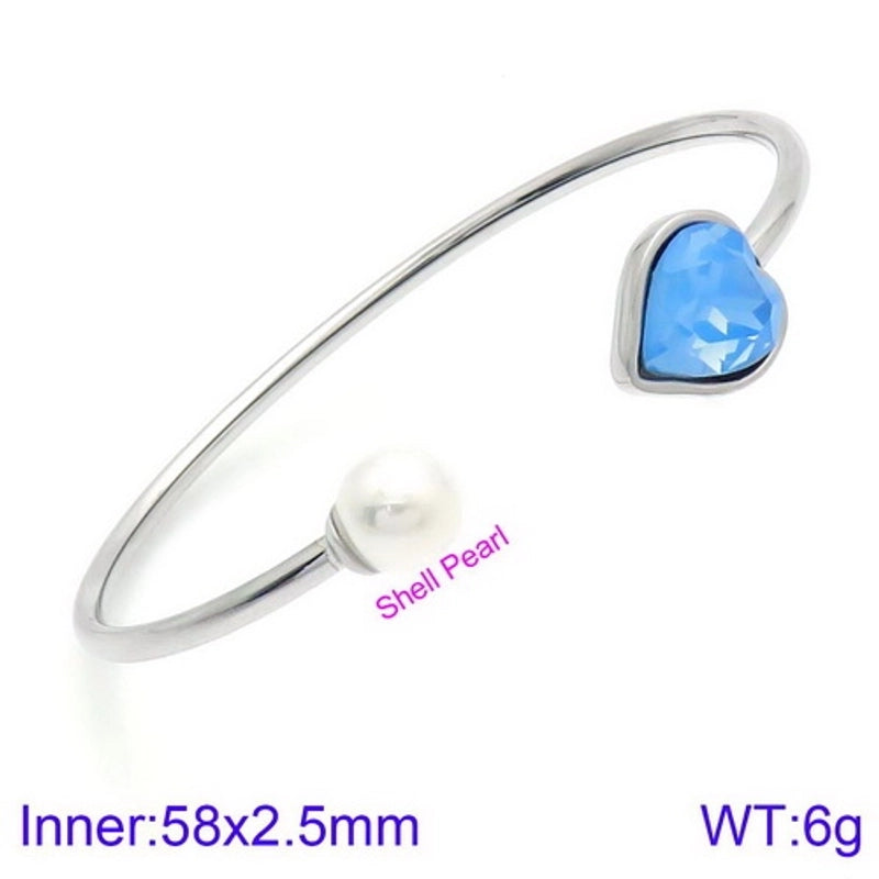 Modern Style Minimalist Heart Shape Stainless Steel Titanium Steel 18K Gold Plated Glass Stone Pearl Bangle In Bulk