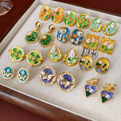 Medieval Flower Geometric Flower Copper Oil Dripping Earrings