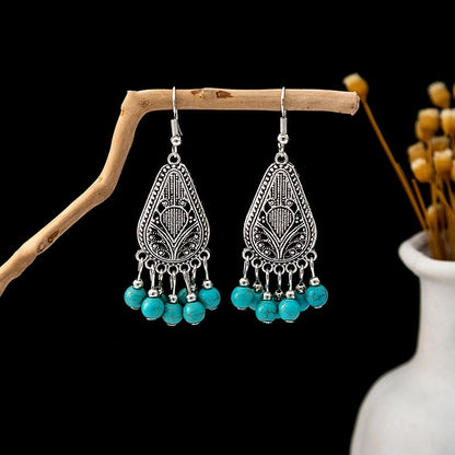 Bohemian Blue Turquoise National Style Earrings Imitation Miao Silver Metal Earrings Vintage Tassel Earrings