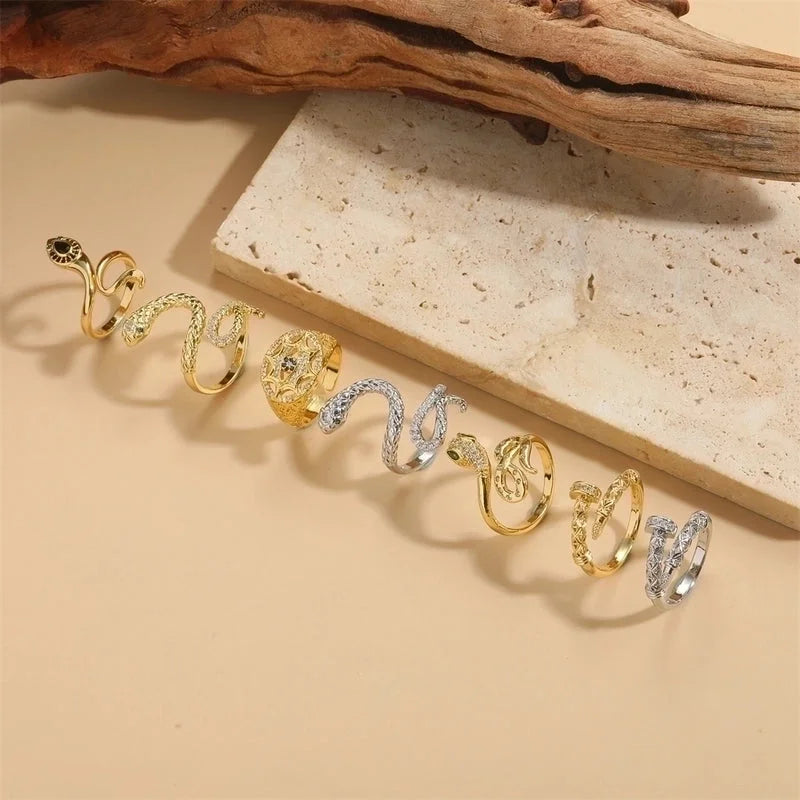 Minimalist Animal Snake Copper Inlay 14K Gold Plated Zircon Open Rings