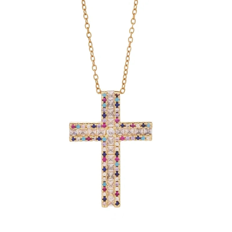 304 Stainless Steel Copper Inlay Cross Zircon Pendant Necklace