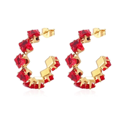 1 Pair IG Style Baroque Style Shiny C Shape Rhombus Inlay 316 Stainless Steel Zircon 18K Gold Plated Ear Studs