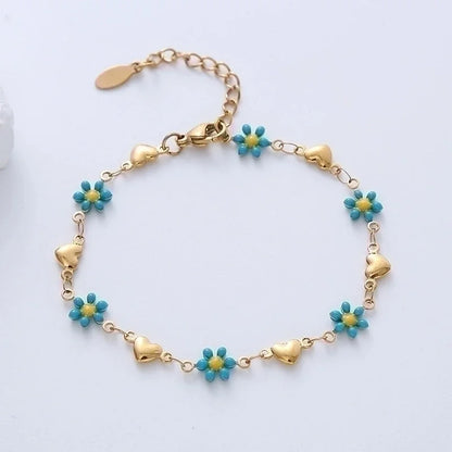 Sweet Minimalist Heart Shape Flower 304 Stainless Steel 18K Gold Plated Bracelets In Bulk