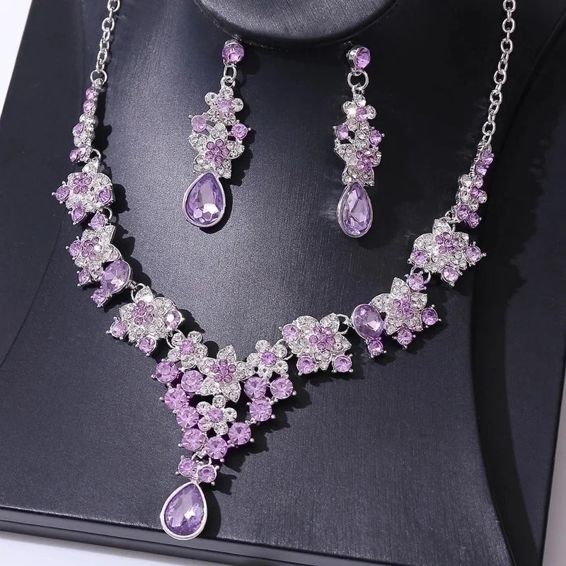 Bridal Water Droplets Flower Alloy Inlay Rhinestones Earrings Necklace