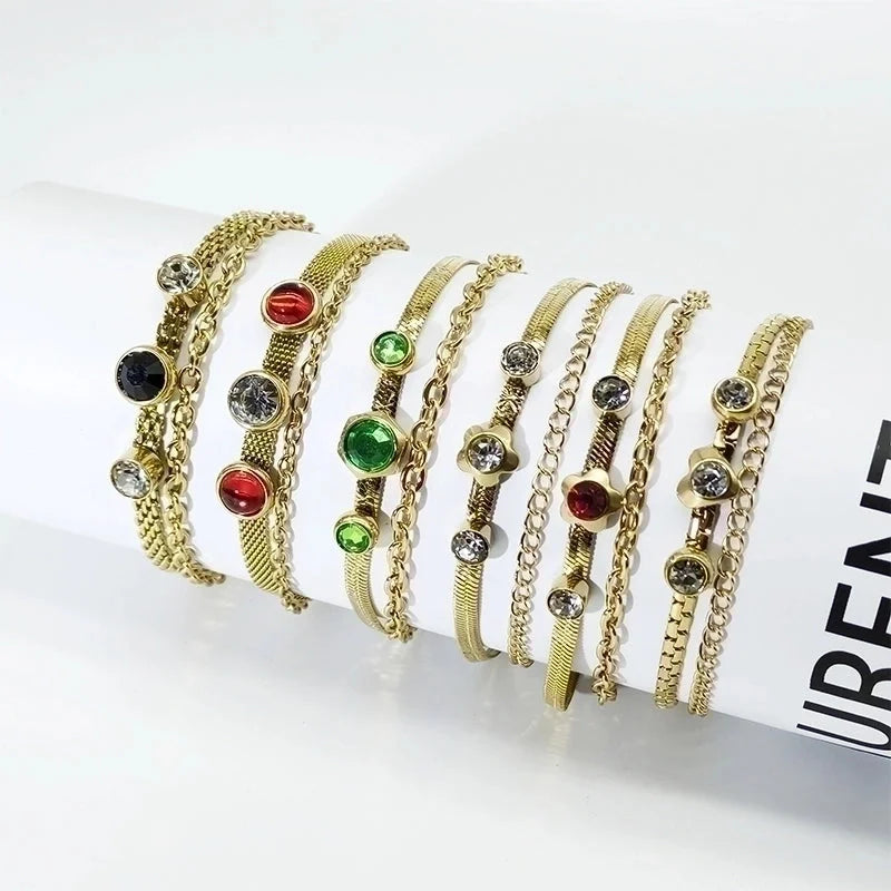 Elegant Geometric Round 304 Stainless Steel 18K Gold Plated Rhinestones Bracelets In Bulk